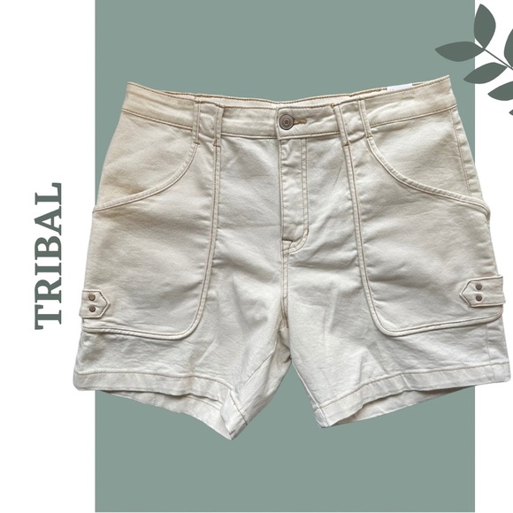 Tribal Pants - Tribal Jeans Shorts Audrey Mid Rise Girlfriend Length 7" Cream Zipper Front